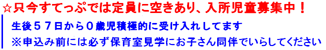 生後57日〜入所受け入れ可能
０歳児がどちらの園も入所が難しいようですが
すてっぷは０歳児入所大歓迎です。是非お申し込みください
※申込み前には必ず保育室見学にお子さん同伴でいらしてください
