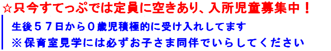 生後57日〜入所受け入れ可能
０歳児がどちらの園も入所が難しいようですが
すてっぷは０歳児入所大歓迎です。是非お申し込みください
※保育室見学には必ずお子さま同伴でいらしてください
